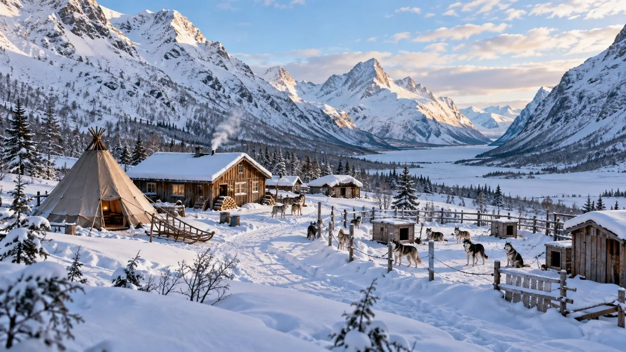 Snow-covered valley inland from Tromsø, where the camps sit