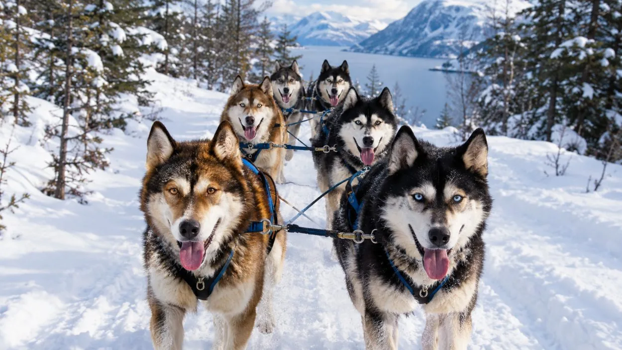 Alaskan huskies in harness at a camp outside Tromsø