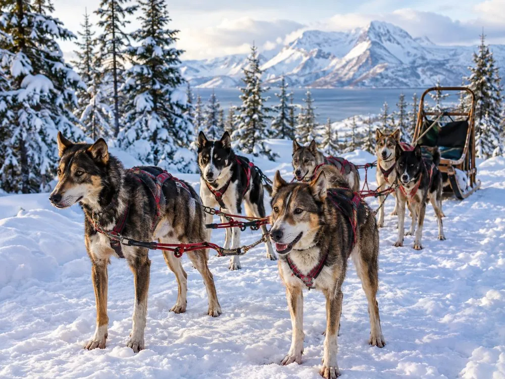 A team of Alaskan huskies waiting in harness before a run near Tromsø