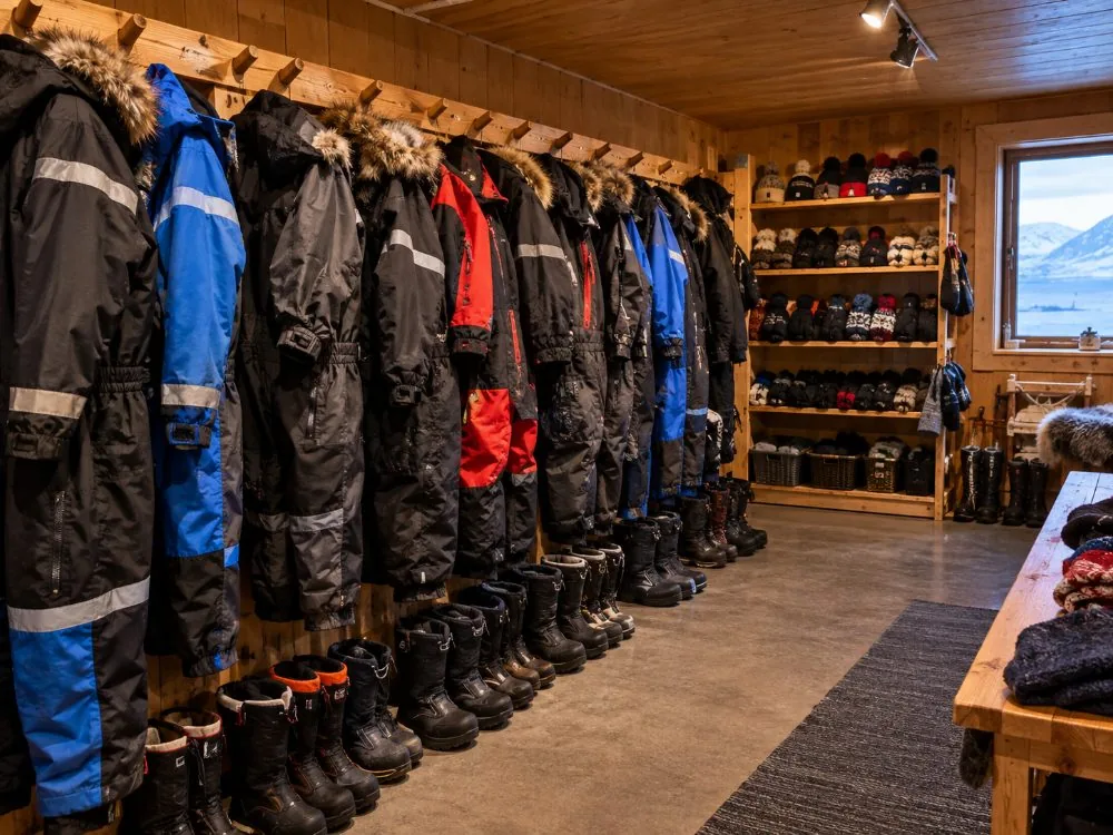 Thermal suits and winter boots hanging in a camp gear room