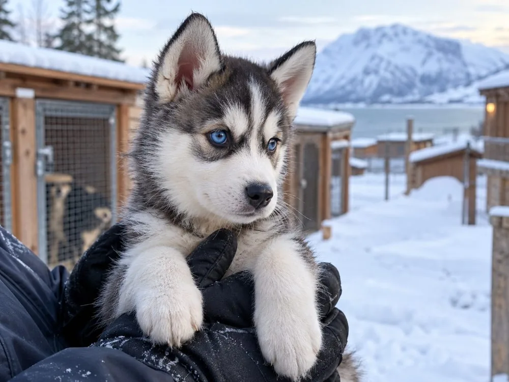 A husky puppy being handled during a kennel visit near Tromsø